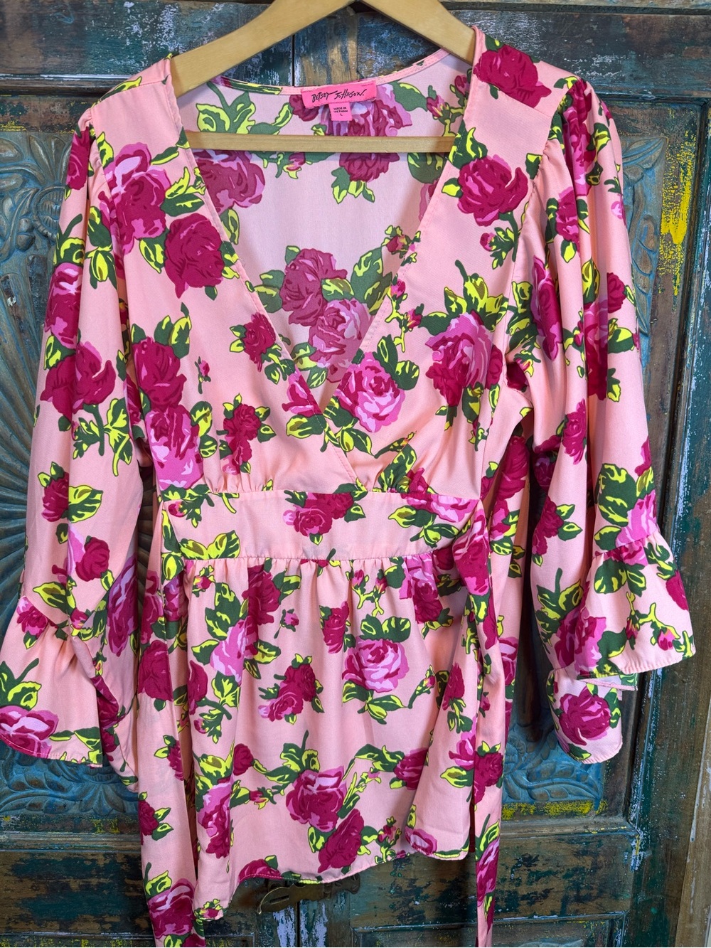 Betsey Johnson rose print v neck wrap blouse